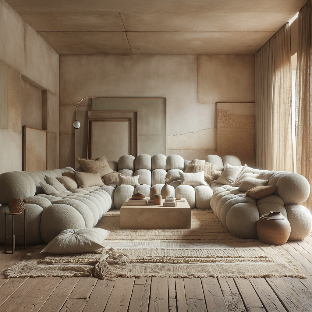 Modernes Wohnzimmer mit einem großen, gemütlichen Sofa und dezenten Erdtönen.