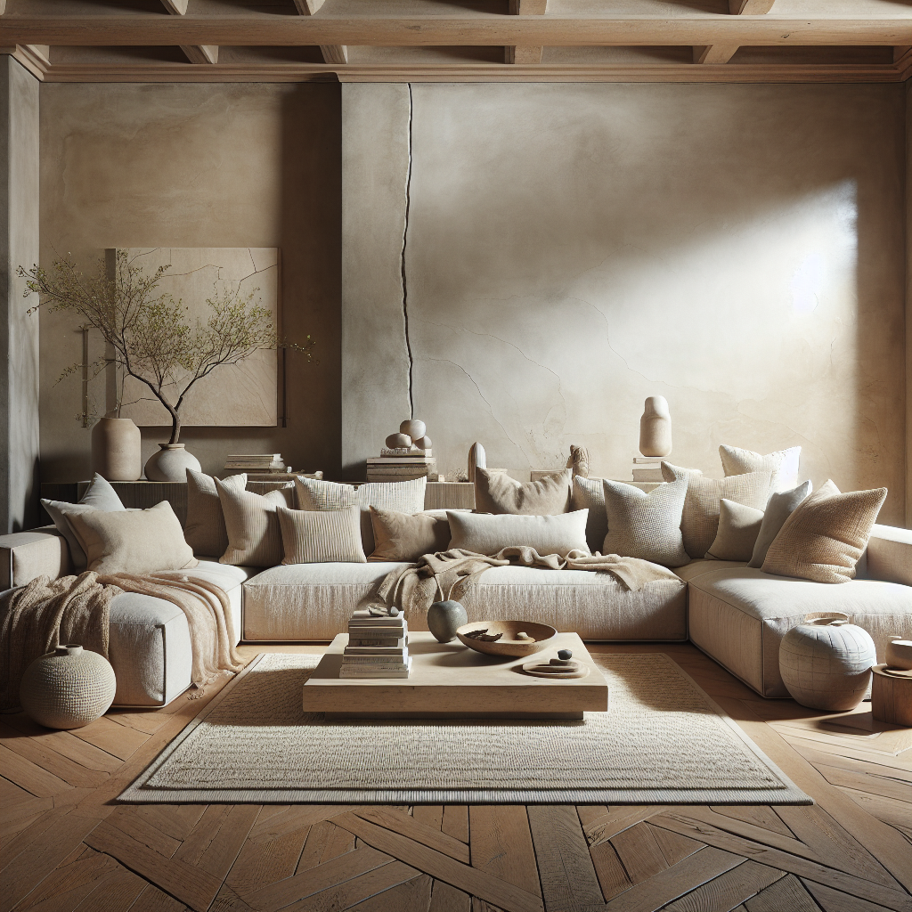 Een serene woonkamer met neutrale tinten en comfortabele meubels.