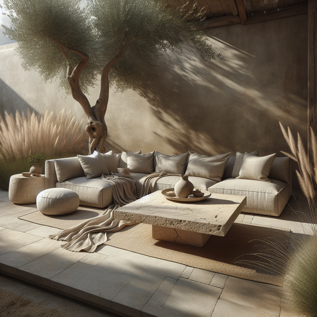 Een stijlvolle, moderne lounge met een stenen tafel en zachte kussens.