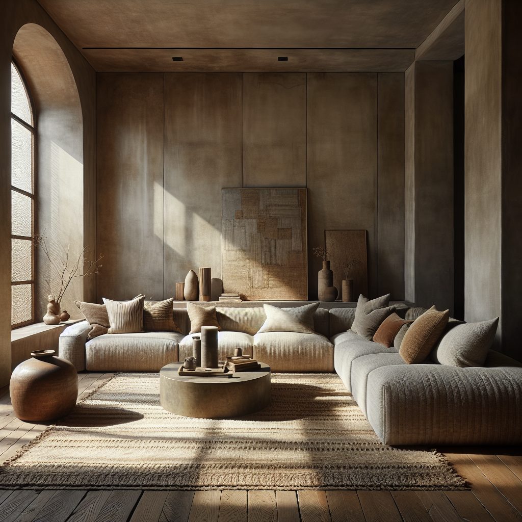 Een sfeervolle woonkamer met neutrale kleuren, comfortabele meubels en natuurlijke decoraties.