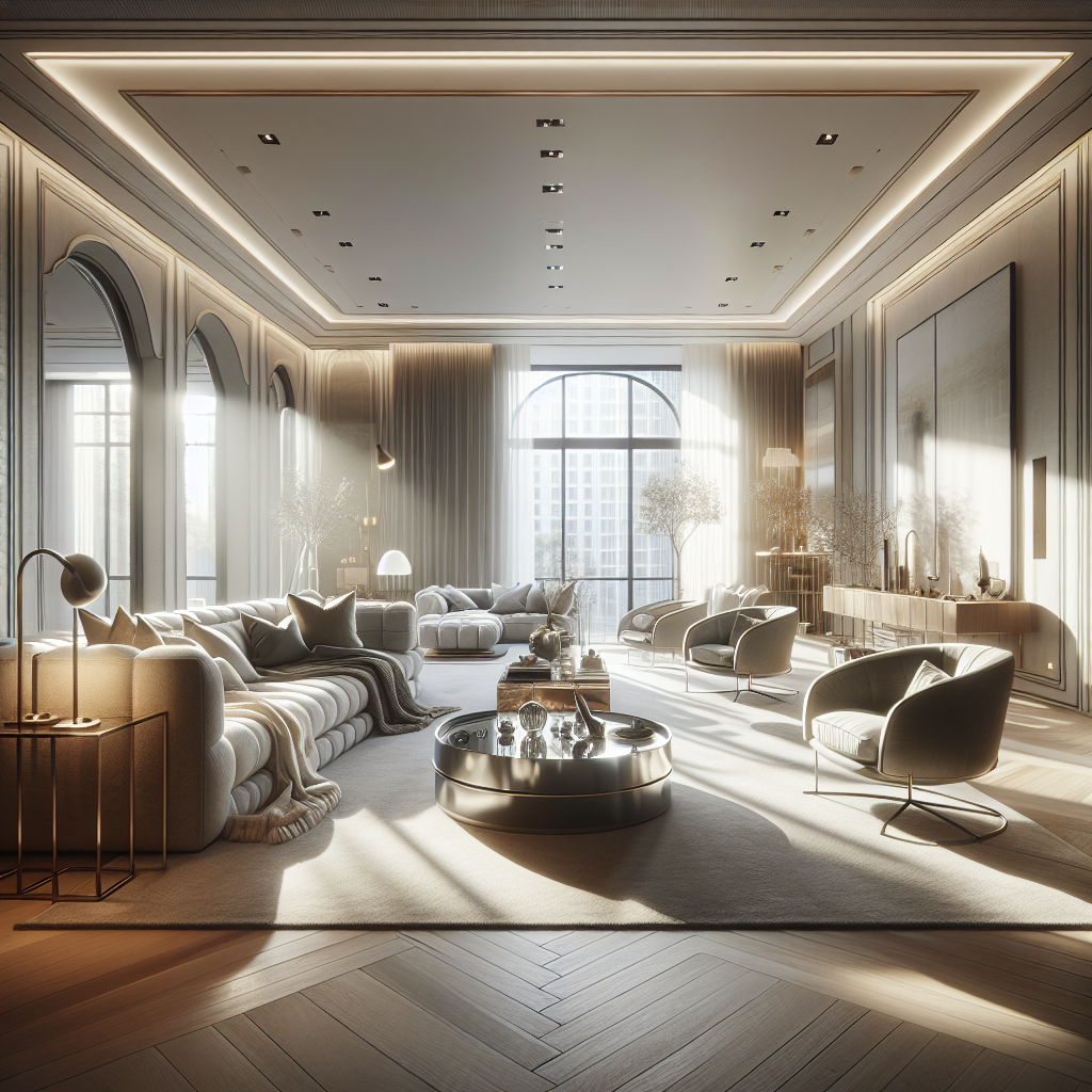 Luxe woonkamer met moderne meubels, veel natuurlijk licht en elegante inrichting.