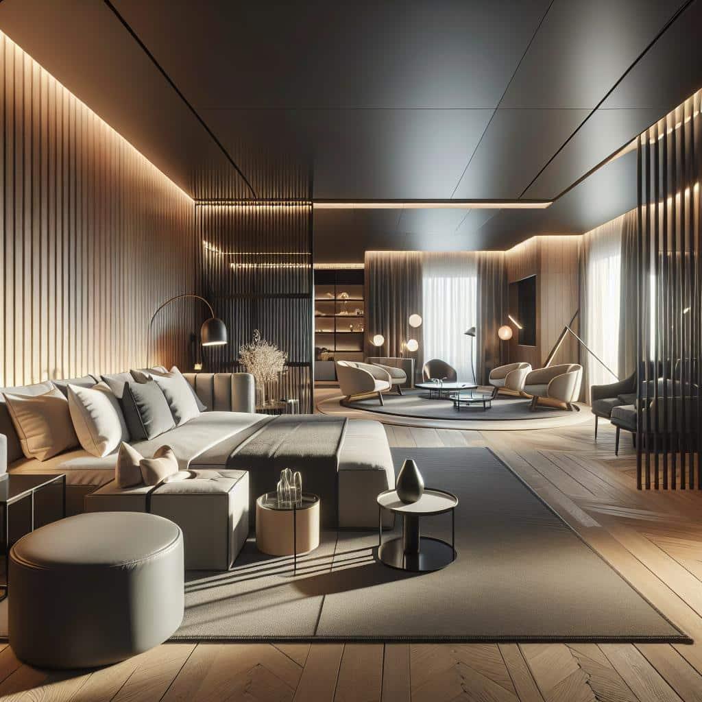 Futuristic Scandinavian-inspired interior design: elegant, modern, luxurious, with soft lighting and sleek decor.