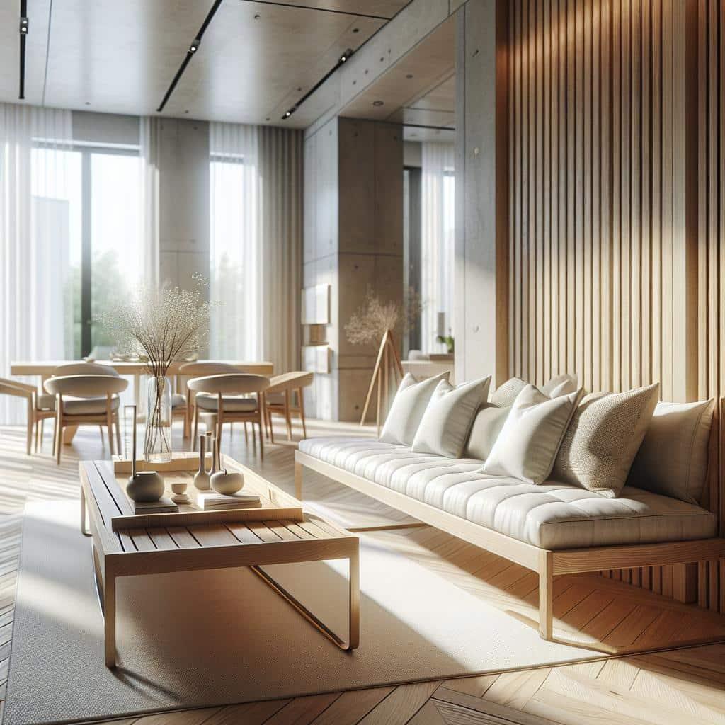 "Hedendaagse woonkamer met houten accenten, grote ramen met natuurlijk licht, minimalistisch design salontafel en comfortabele beige bank met kussens."