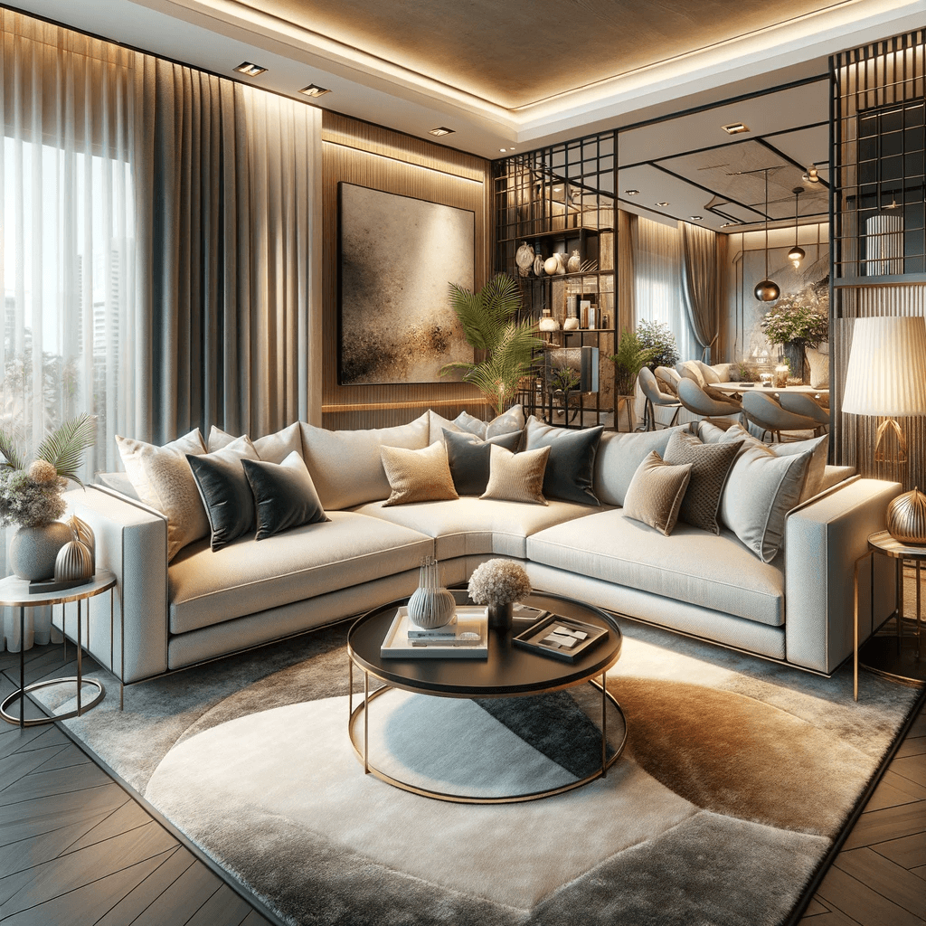 "Stijlvol ingerichte woonkamer met luxe uitstraling, voorzien van een grote beige sectionele bank, ronde salontafels, hoogpolig vloerkleed, en sfeervolle verlichting met een stedelijk uitzicht."