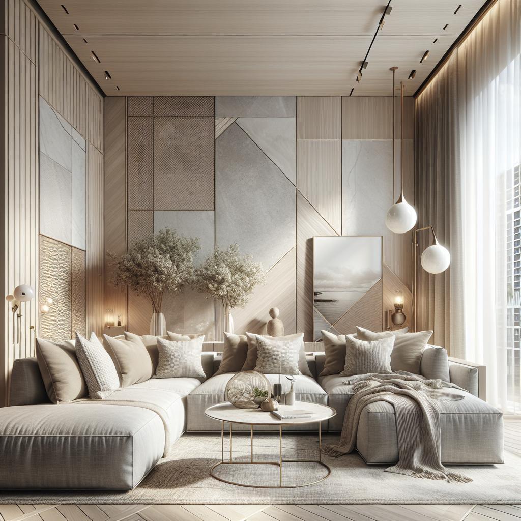 "Elegante beige hoekbank met veel kussens in een luxe, moderne woonkamer met houten lambrisering, hoge plafonds en warme sfeerverlichting, stijlvol gedecoreerd met een marmeren salontafel, artistieke spiegel en subtiele plantendecoratie."