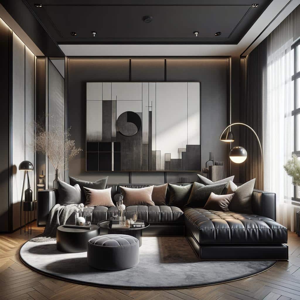 Foto van moderne hoekbank in zwart leer met fluwelen kussens en luxe interieur.