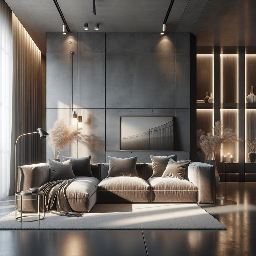 "Stijlvol industrieel designinterieur van een woonkamer met betonnen muren, elegante fluwelen hoekbank, moderne decoratieve verlichting en artistieke details."