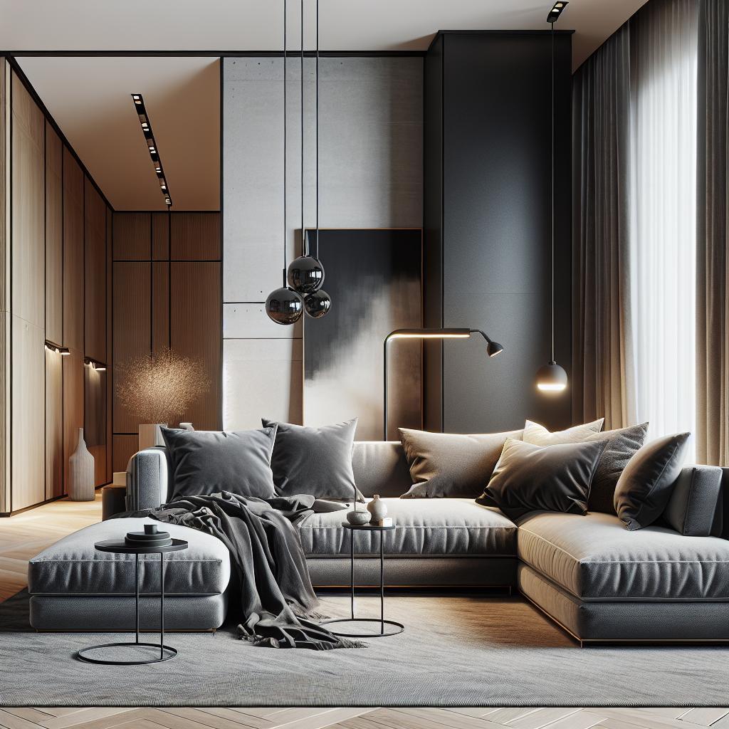 Stijlvolle Scandinavische woonkamer met luxe antraciet hoekbank als blikvanger.