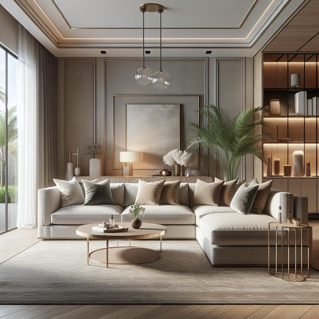 Moderne Scandinavische interieur - luxe beige hoekbank in elegante omgeving.