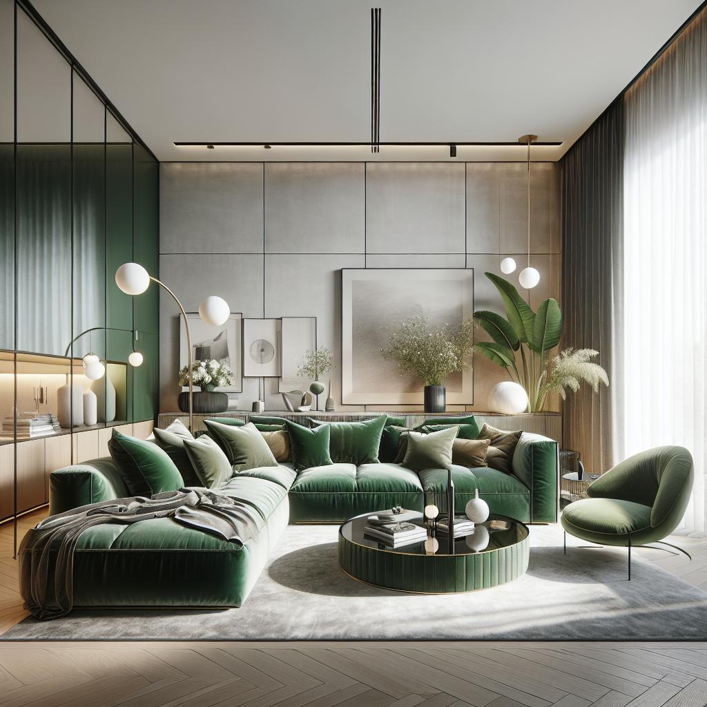 Afbeelding van luxe groene hoekbank in modern Scandinavisch interieur vol elegantie.