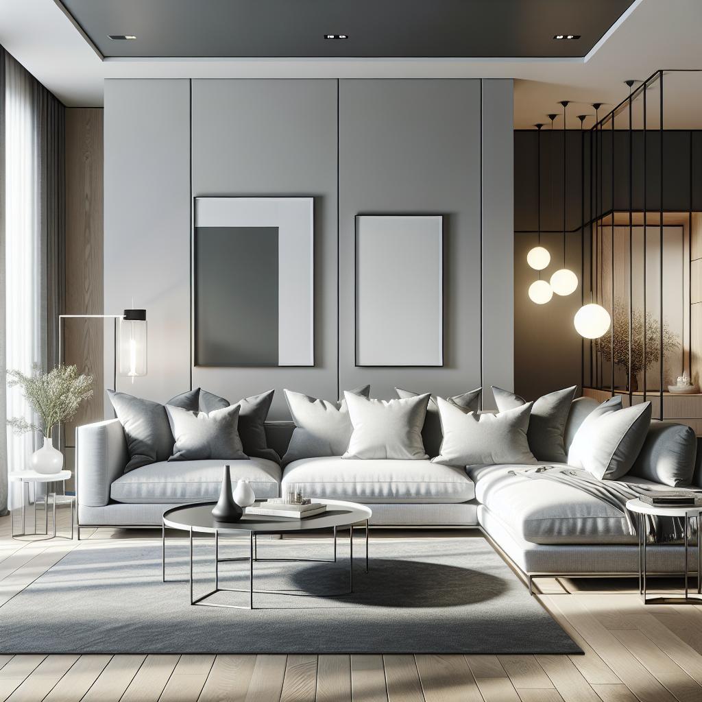 Afbeelding van chique Scandinavisch geïnspireerde hoekbank in luxueuze, moderne woonkamer.