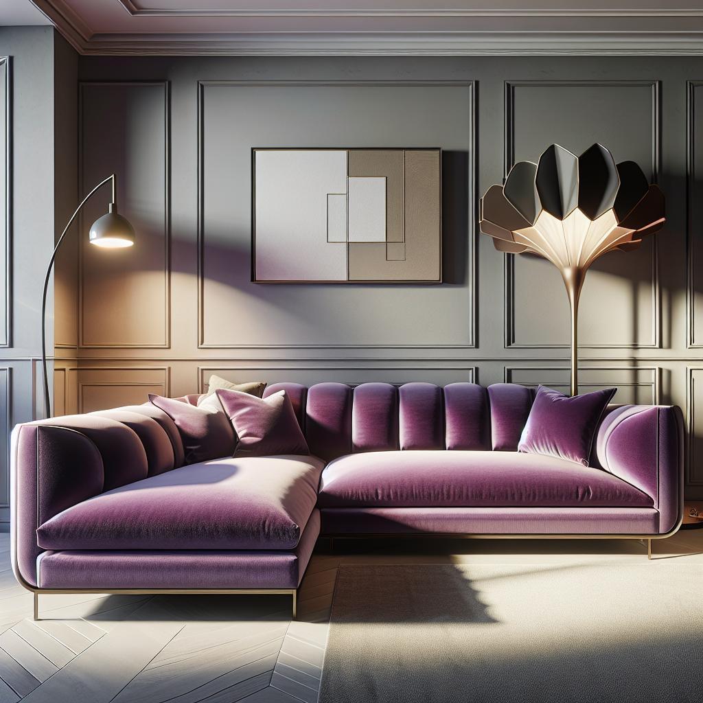 Luxurious purple corner sofa in modern Scandinavian interior design concept.
