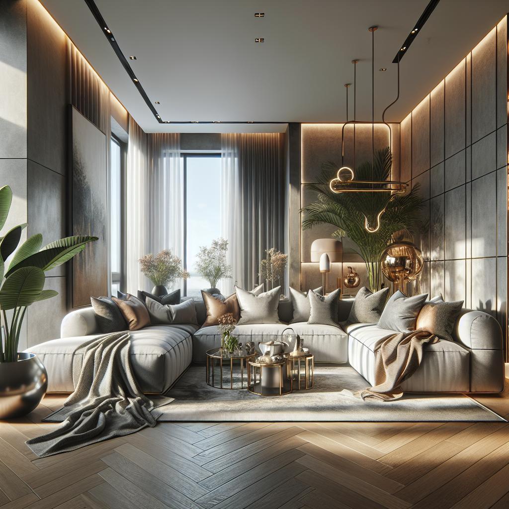 Fotobeschrijving: Luxe hoekbank in Scandinavische stijl met hotel chic elegantie.