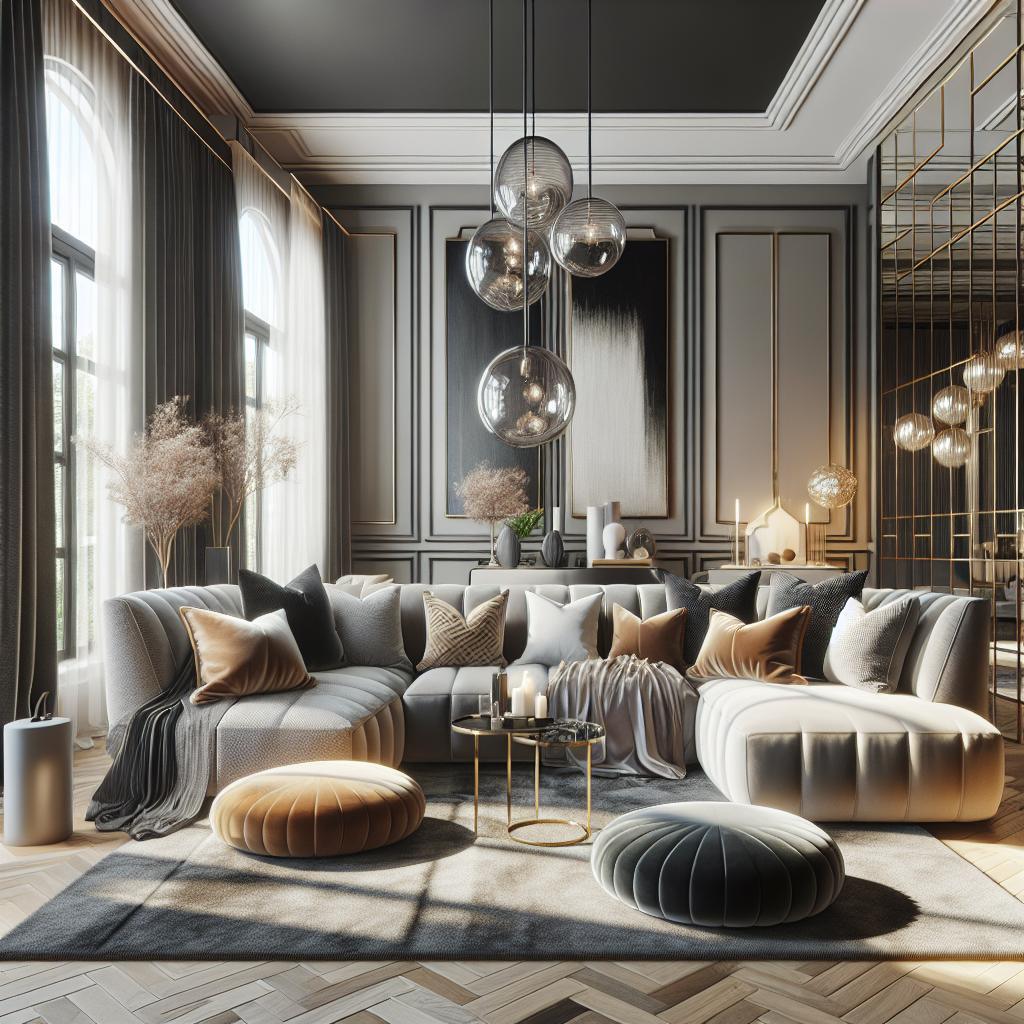 Hoekbank in Scandinavische interieur met hotel chic, 2024 kleurentrends.