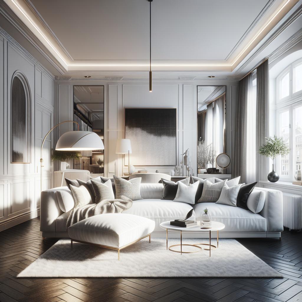 Alt text: Luxe witte hoekbank in moderne Scandinavische interieursetting met elegante details.