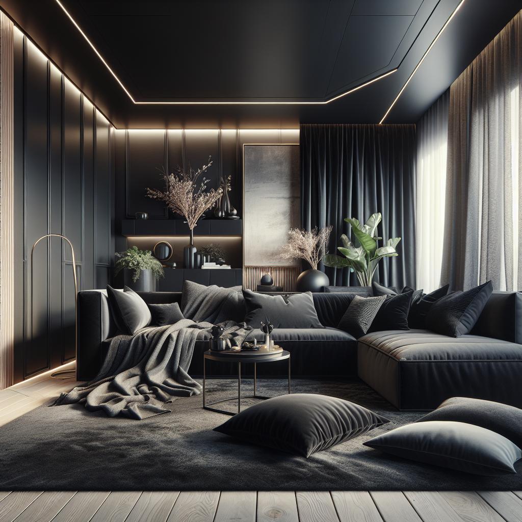 Zwarte design hoekbank in Scandinavisch interieur met vleugje hotel chic elegantie.