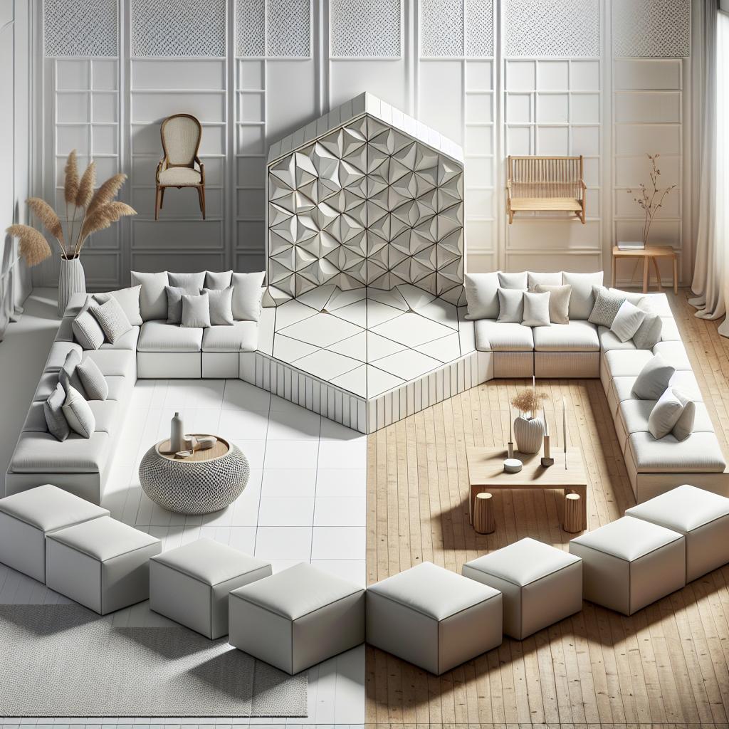 "Ruime minimalistische woonkamer met geometrische inrichting, witte modulaire bank, design salontafel, houten vloer en decoratieve wandpanelen."