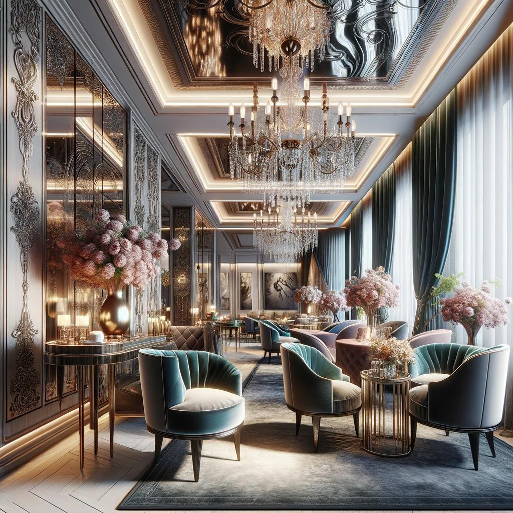 "Weelderige klassieke lobby met fluwelen fauteuils, kristallen kroonluchters, hoge spiegelende pilaren en bloemdecoraties."