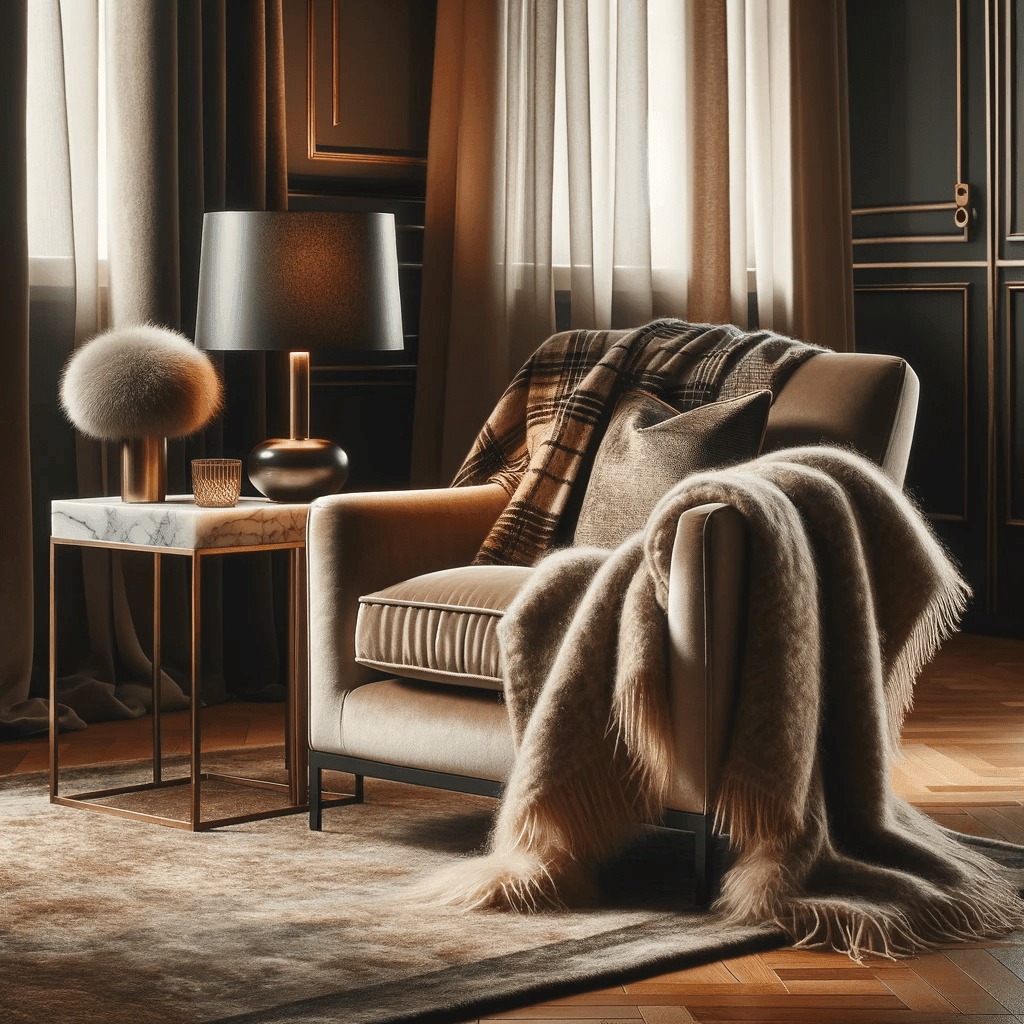 "Elegant interieur met luxe fauteuil, plaid, bijzettafel en designlamp, warme verlichting en stijlvolle decoratie in een chique woonkamer."