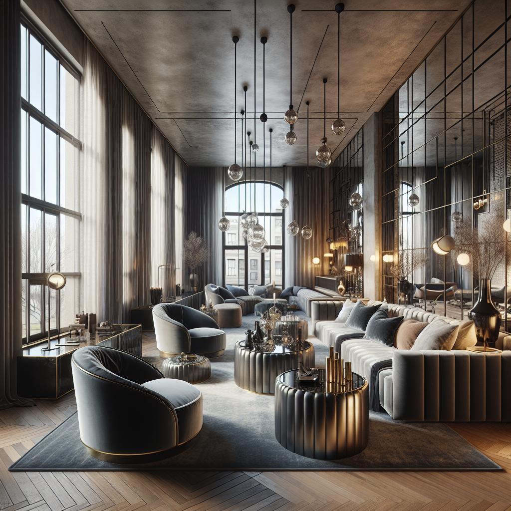 Hyperrealistisch beeld van modern, luxueus interieur met Scandinavisch minimalisme en industriële elementen.