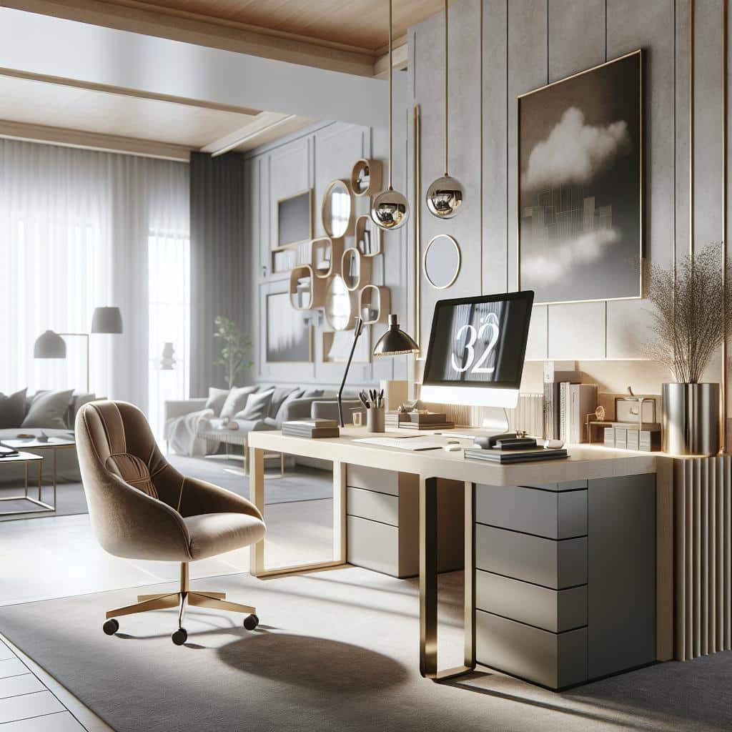 Afbeelding van een stijlvol thuiskantoor met minimalistisch design en Scandinavische esthetiek.