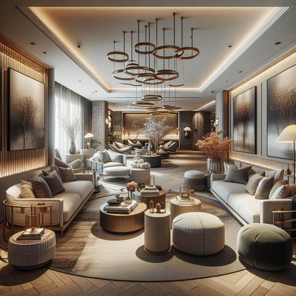 Afbeelding van luxueuze Scandinavisch-chique woonkamer met elegant meubilair en verfijnde verlichting.