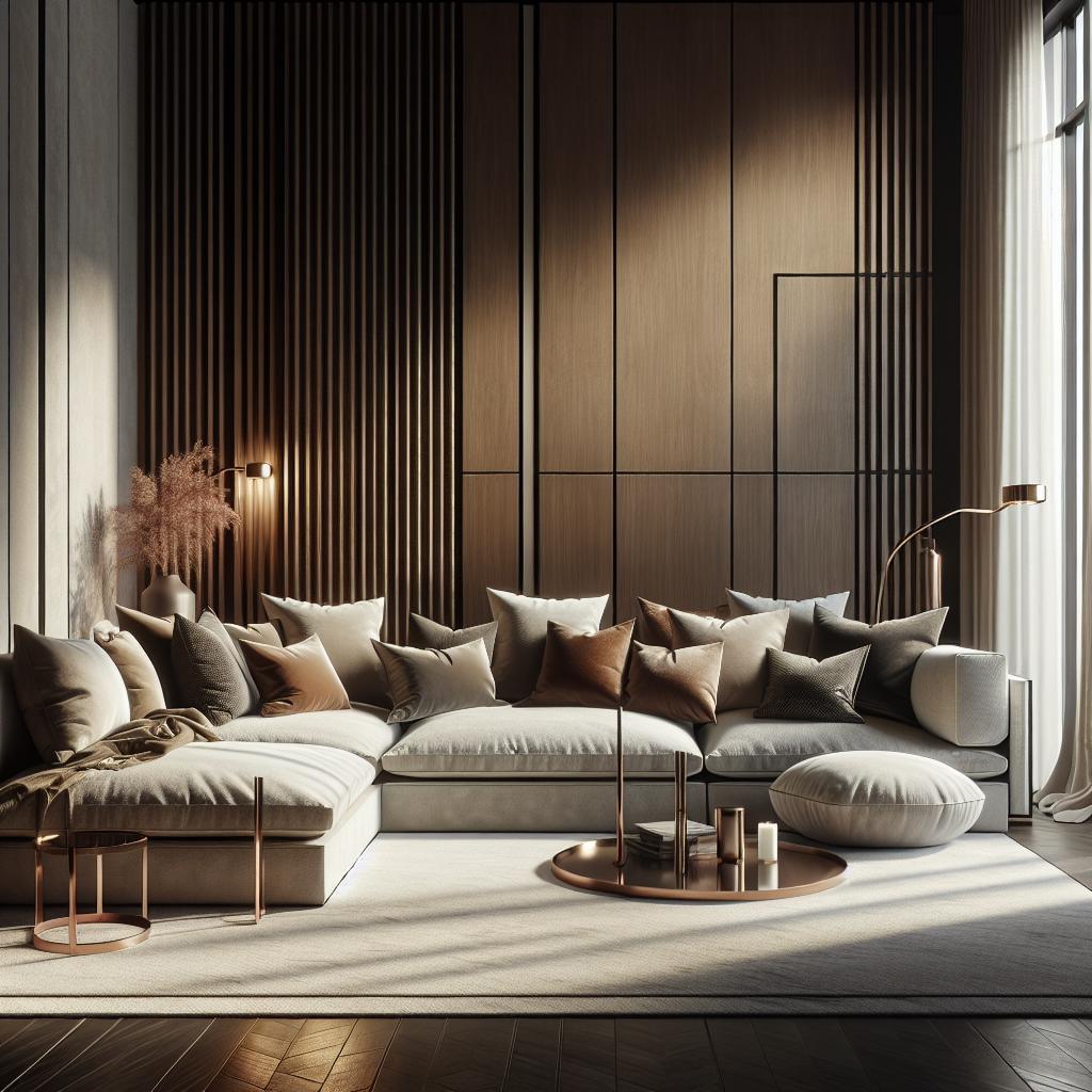 "Stijlvol ingerichte moderne woonkamer met grote modulaire bank, houten paneelwand, sfeervolle verlichting, en elegante decoratieve accessoires"