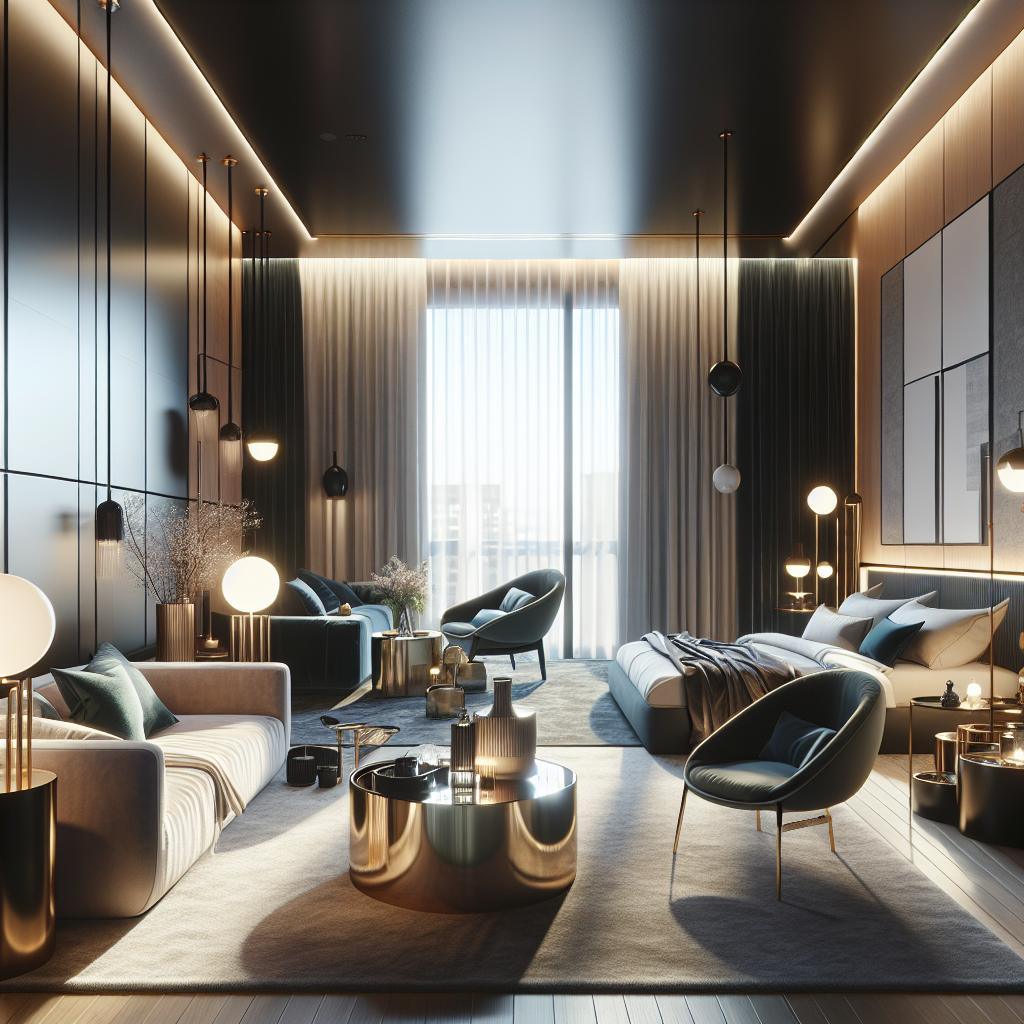 Luxe Scandinavische hotelkamer, 2025: modern design, elegantie, functionaliteit, harmonieuze palet.