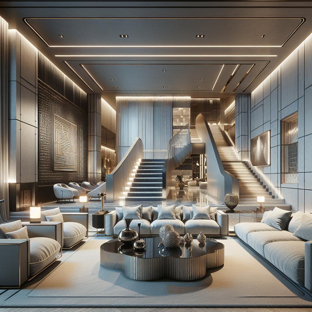 Afbeelding van futuristische luxe woonkamer met Scandinavische minimalistische stijl en metallic accenten.