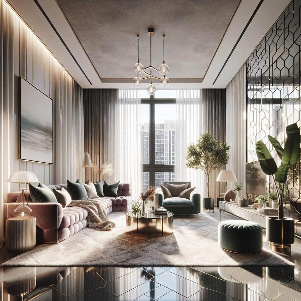 Een luxueuze woonkamer met Scandinavische en hotel-chique elementen, in 2025-anticipeerde interieurtrends.