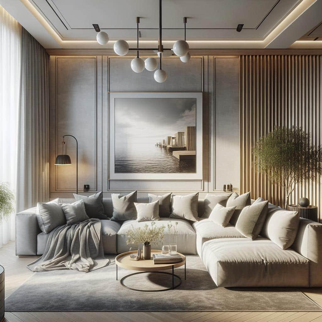 "Stijlvolle woonkamer interieur met beige hoekbank, elegante salontafel, moderne kunst aan de muur, en sfeervolle verlichting."