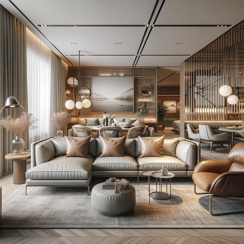 Afbeelding van luxe Scandinavisch geïnspireerde hoekbank in modern chique hotel.