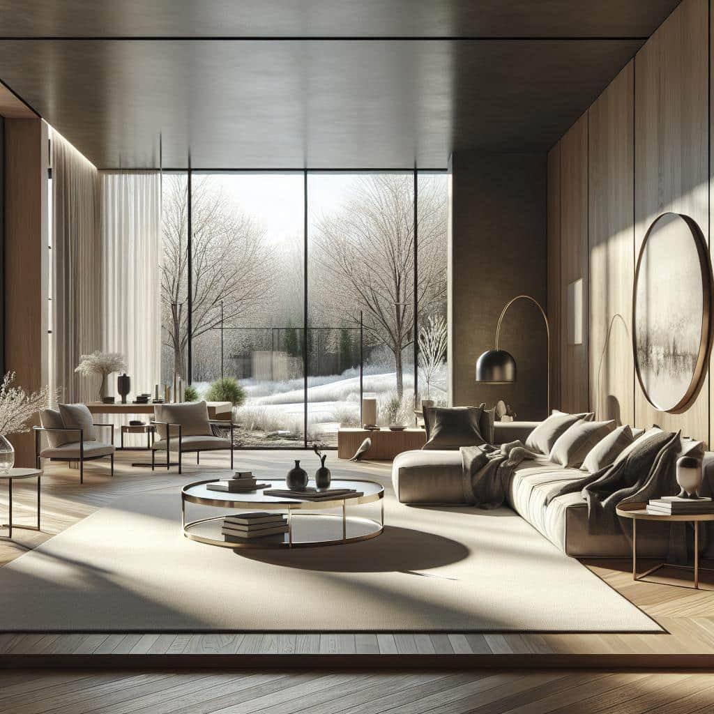 "Modern minimalist living room with luxurious accents and serene landscape view."