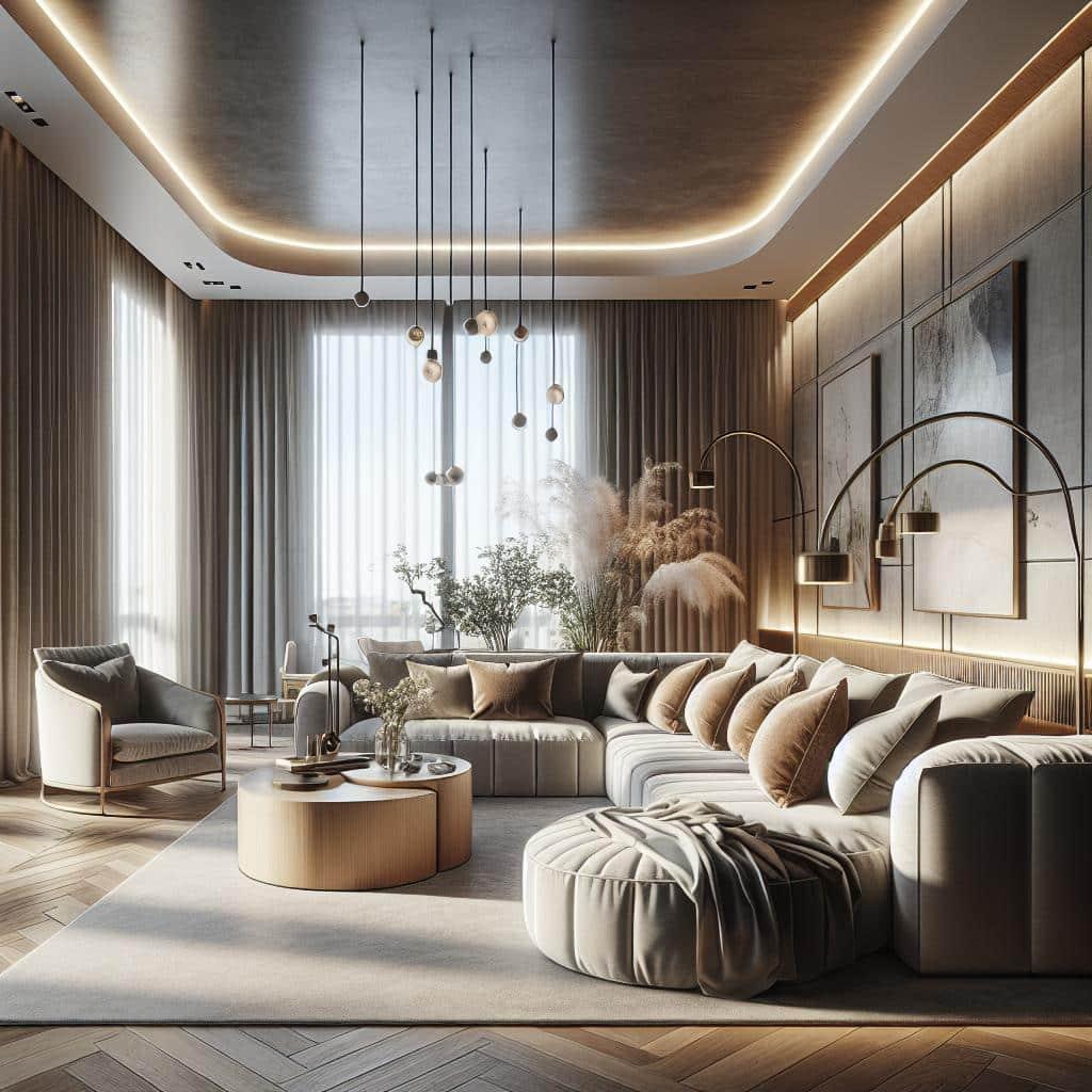 Luxe Scandinavische lounge met comfortabele hoekbank en minimalistisch designinterieur.