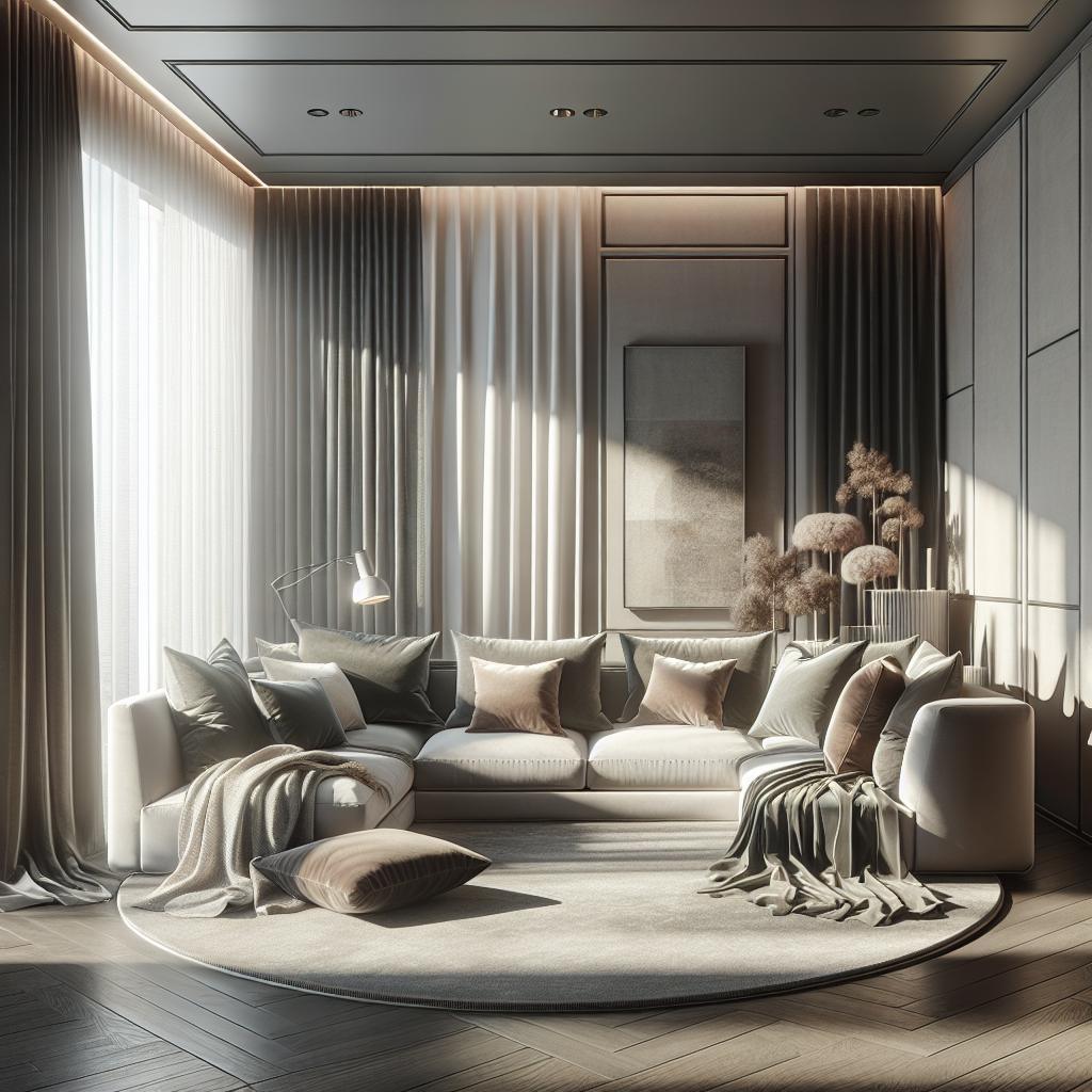 "Designvol interieur van woonkamer met elegante sofa, linnen gordijnen, chique sierkussens, houten vloer, sfeerverlichting en minimalistische kunst aan de wand."