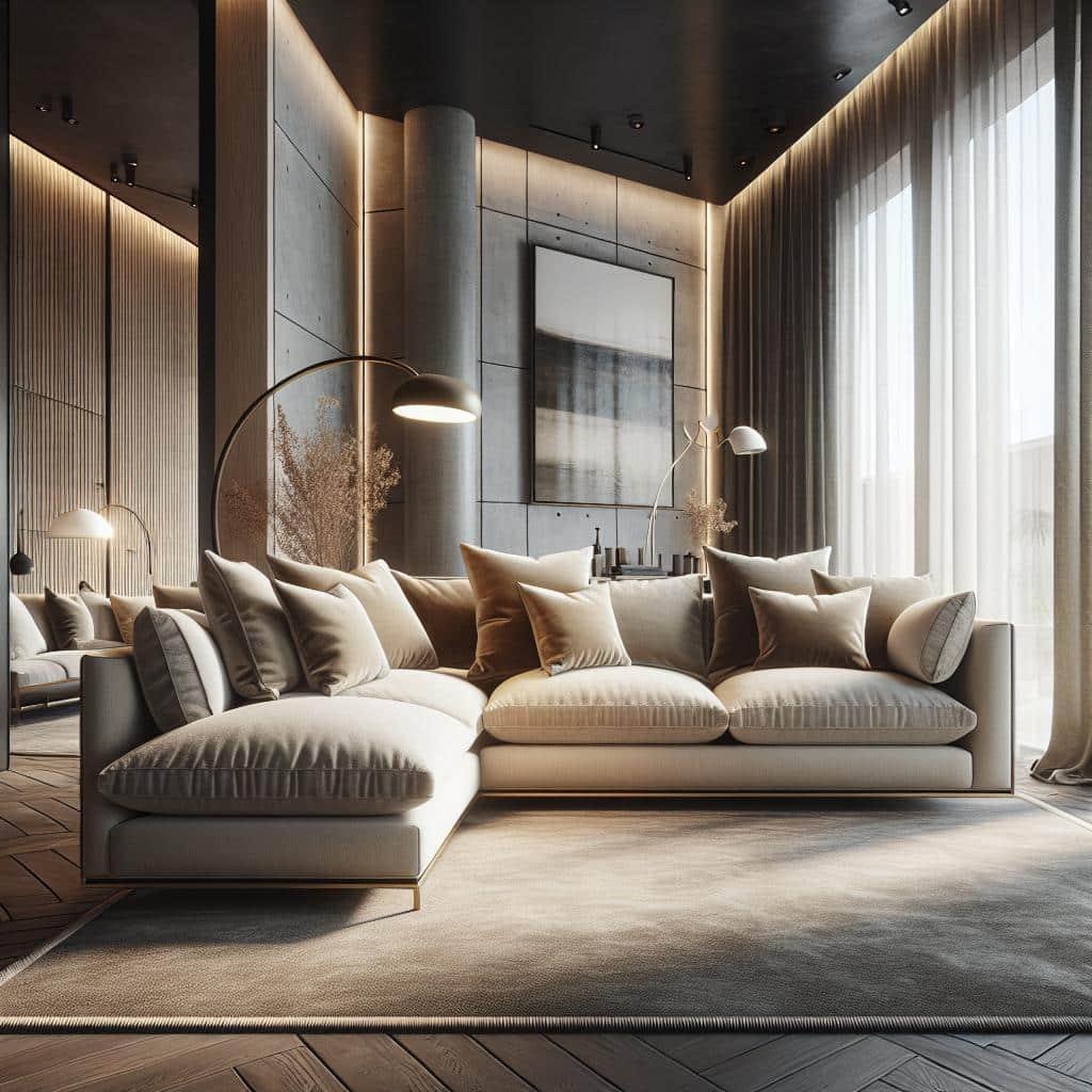 Hoekbank in Scandinavisch moderne woonkamerinterieur, elegant en luxueus, zachte hoekbank.