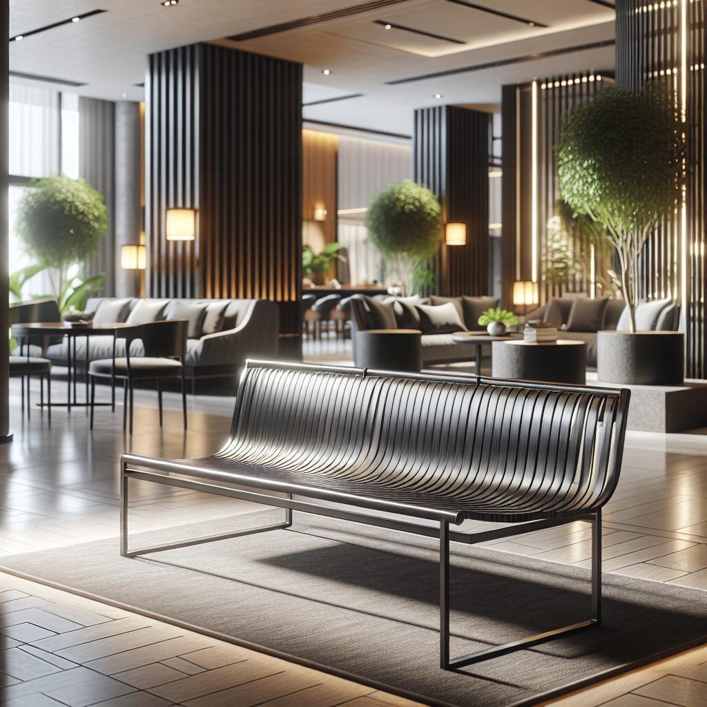 Een moderne aluminium antraciet tuinbank in chique Scandinavisch hotelinterieur.