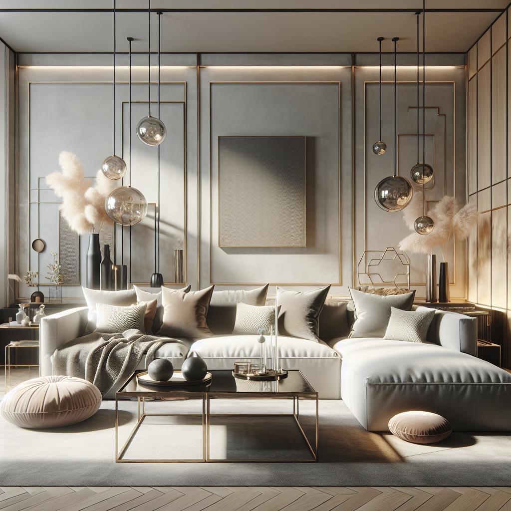 Hyperrealistische foto van Modulaire hoekbank 2024 in luxe interieur met Scandinavische invloeden.