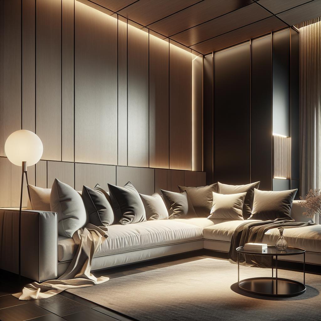 Luxe L-shaped sofa in modern Scandinavian living room with hotel chic ambiance.