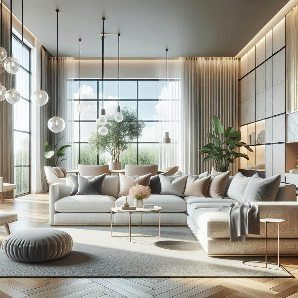 Luxe Scandinavische woonkamer met elegant meubilair en warme sfeer.