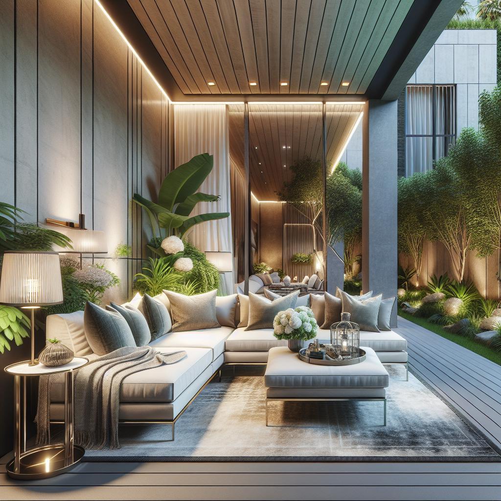 "Stijlvolle buitenwoonkamer met moderne designmeubels, geïntegreerde verlichting en weelderige beplanting voor een luxueuze uitstraling."