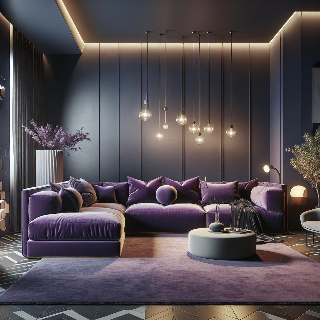 Een luxe paarse hoekbank in een moderne, verfijnde interieursetting.