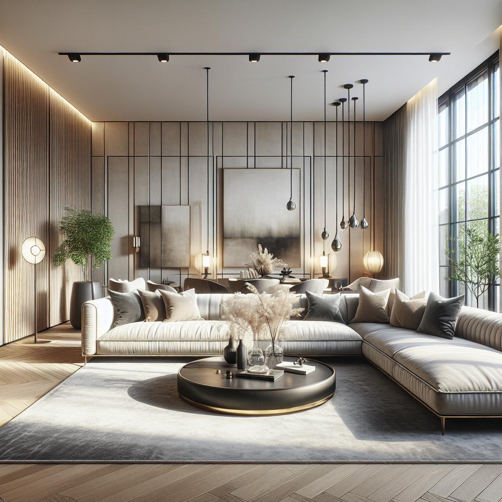 Fotobeschrijving: Luxueuze Scandinavisch geïnspireerde hotel chic woonkamer met De Stoffen hoekbank 2025.