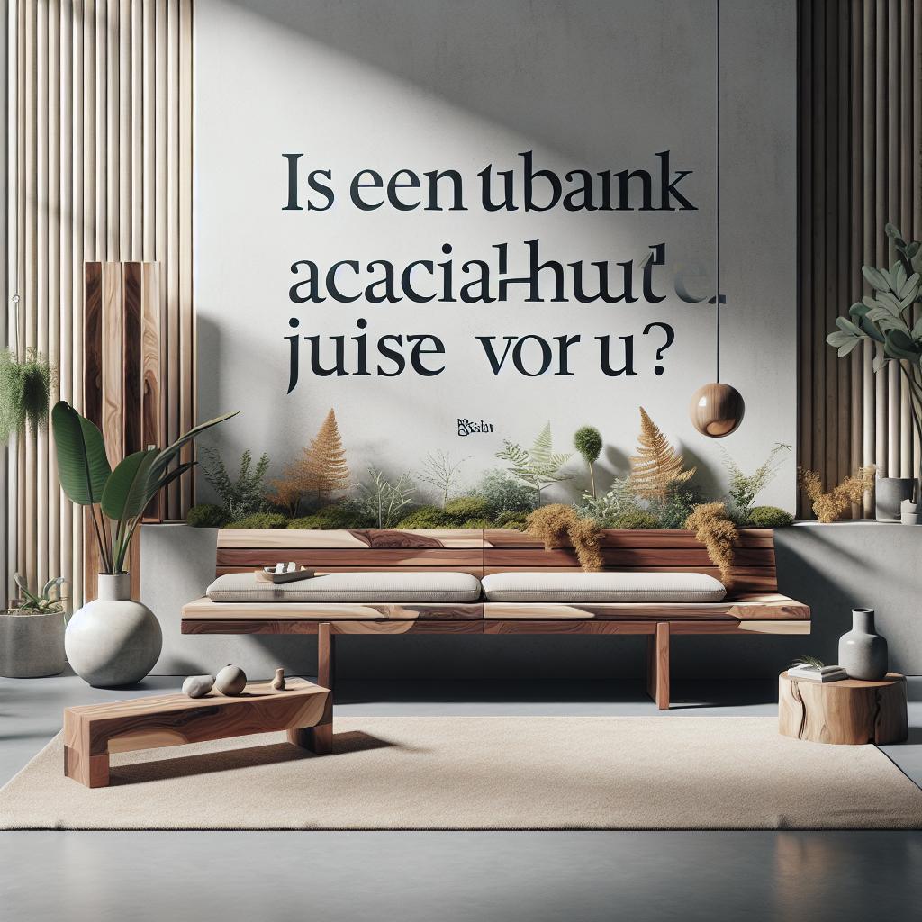 Luxe Scandinavische acaciahouten tuinbank in moderne interieursetting - uitnodigend en sereen.