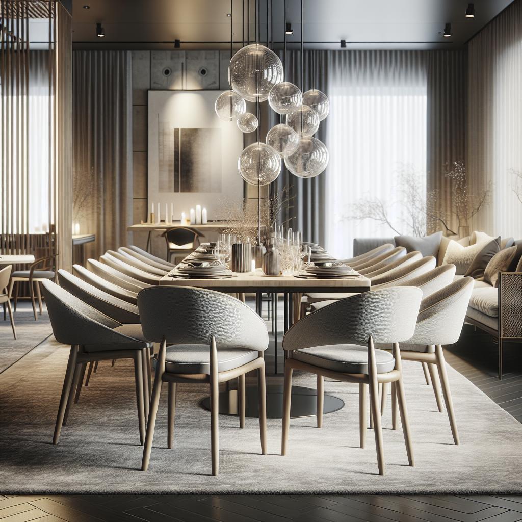 "Stijlvolle eetkamer in modern design met hangende glazen bolvormige kroonluchter, elegante eettafelset en hedendaagse kunst"