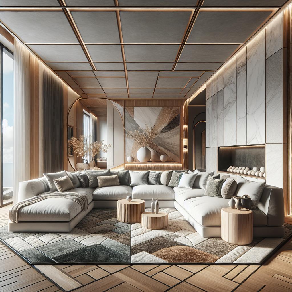 "Stijlvol interieurontwerp van een luxe woonkamer met elegante grijze sectionele bank, houten accenten, marmeren wanden, herringbone vloerpatroon, en panoramisch uitzicht op de oceaan."