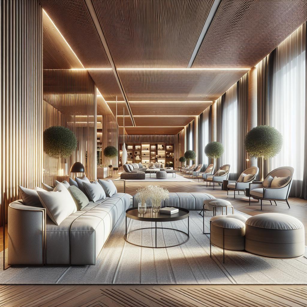 "Elegant en ruimtelijk hotellobby interieur ontwerp met moderne gestoffeerde zitbanken, ronde koffietafels, decoratieve vloerlampen, en ingetogen kleurenpalet omringd door hoge gordijnen en architecturale houten latwerk plafond met subtiele verlichting."