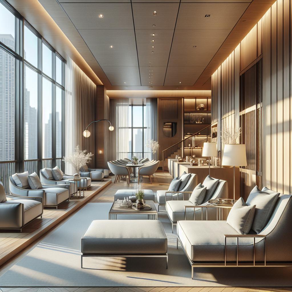 "Elegant interieurontwerp van een ruime minimalistische woonkamer met panoramisch uitzicht op de skyline, houten lambrisering, moderne meubels en natuurlijke lichtinval."