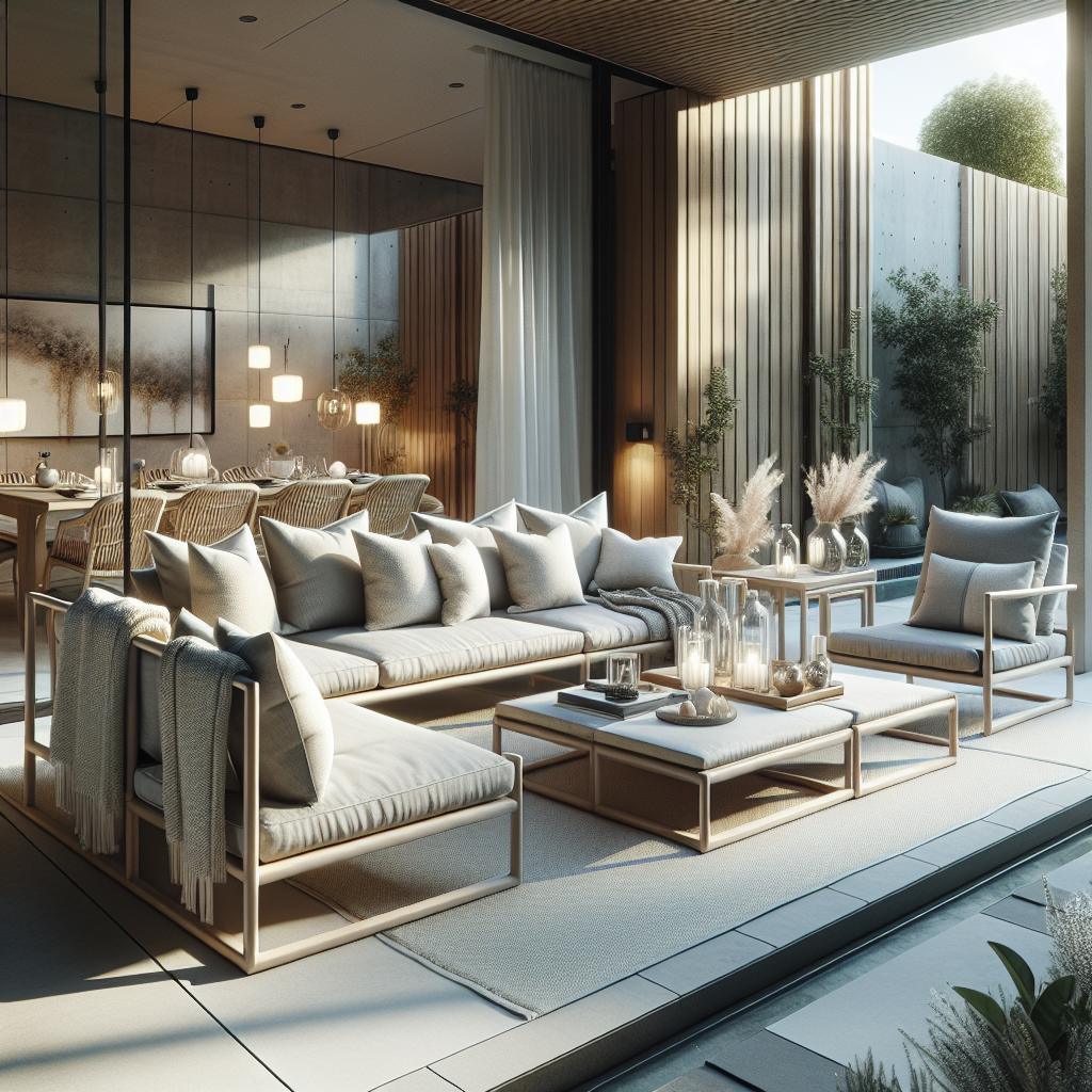 "Stijlvolle en minimalistische woonkamer met neutrale kleurenpalet, design hoekbank, moderne fauteuils, houten accenten en een naadloze overgang naar een serene binnentuin."