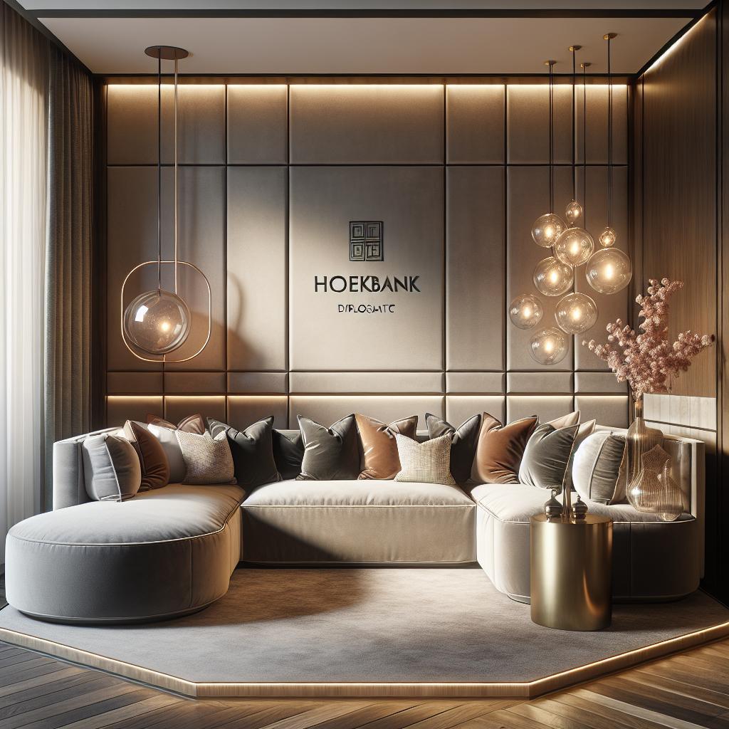 Foto van luxueuze Scandinavische hoekbank in moderne interieursetting, geïnspireerd op hotel chic.